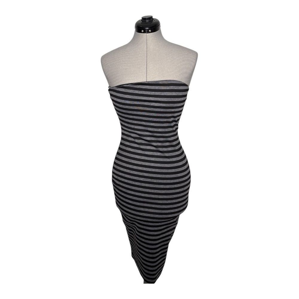 Express Dress Womens Sz 2 Black Gray Striped Strapless Bodycon Stretch